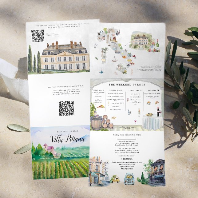 Tuscany Italy | Illustrated Wedding Tri-Fold Invitation (Creator Uploaded)