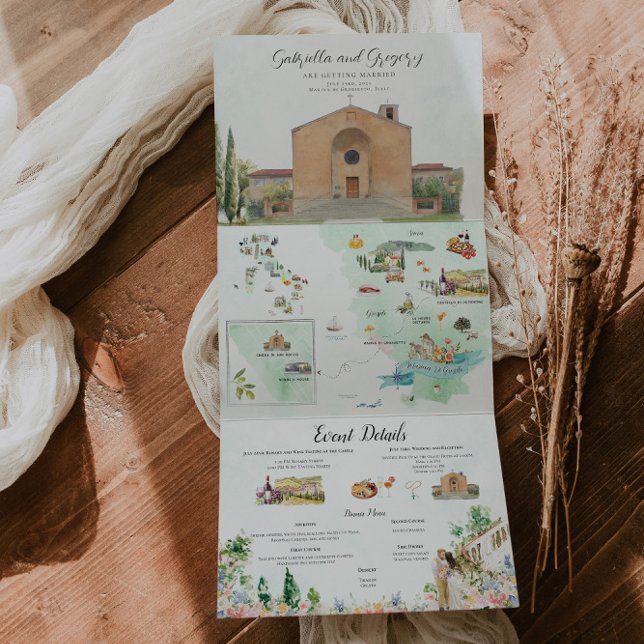 Tuscany Italy | Illustrated Wedding Tri-Fold Invitation (Creator Uploaded)
