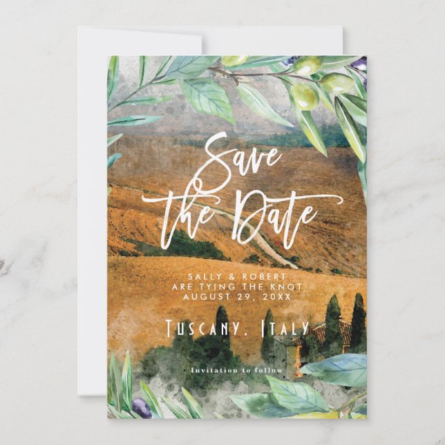 Tuscany italy olives wedding save the date card (Front)
