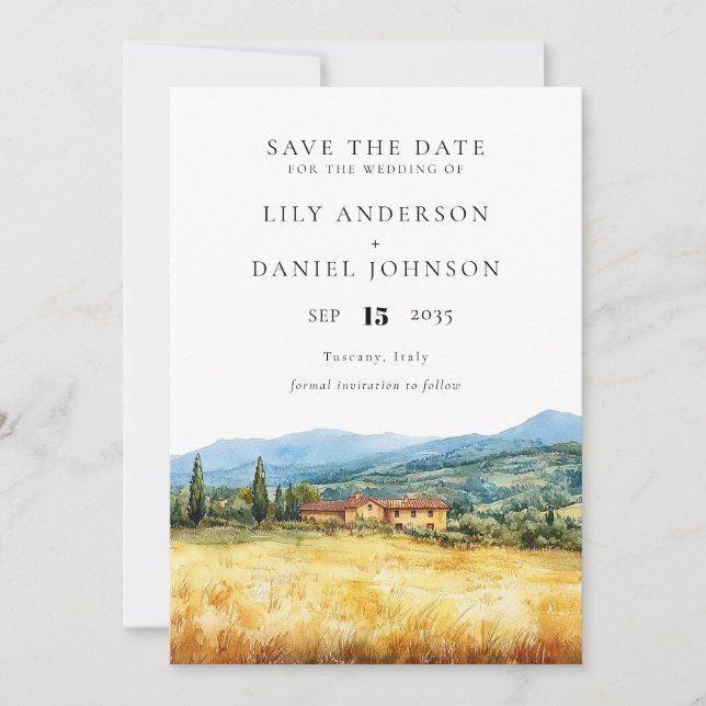 Tuscany Italy Rustic Country Watercolor Wedding Save The Date (Front)