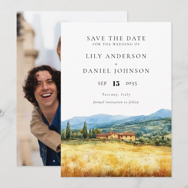 Tuscany Italy Rustic Watercolor Photo Wedding Save The Date (Front/Back)