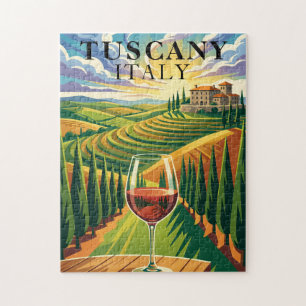 Tuscany Italy Vineyard Sunset Travel Illustration Jigsaw Puzzle