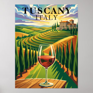 Tuscany Italy Vineyard Sunset Travel Illustration Poster