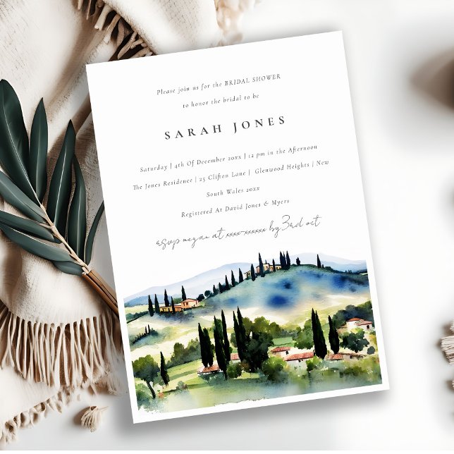 Tuscany Italy Watercolor Landscape Bridal Shower Invitation (Creator Uploaded)