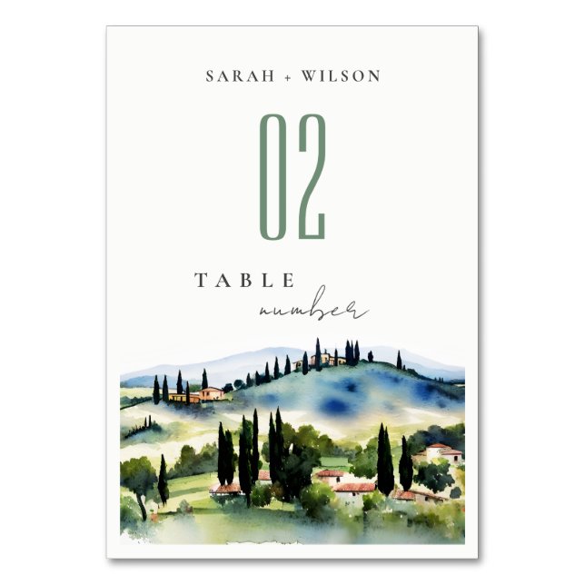 Tuscany Italy Watercolor Landscape Wedding Table Number (Front)