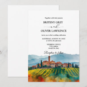 TUSCANY Italy Watercolor Skyline Photo Wedding Invitation