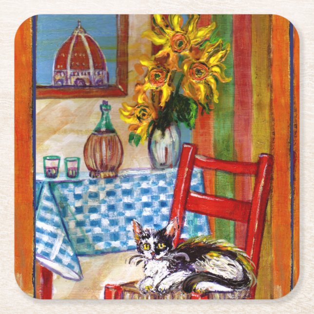 TUSCANY KITCHEN CAT,SUNFLOWERS WINE GLASSES SQUARE PAPER COASTER (Front)