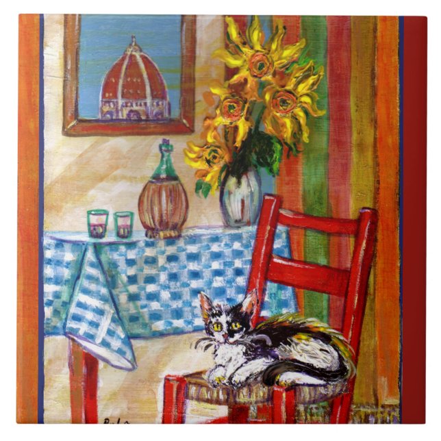 TUSCANY KITCHEN CAT,SUNFLOWERS WINE GLASSES  TILE (Front)