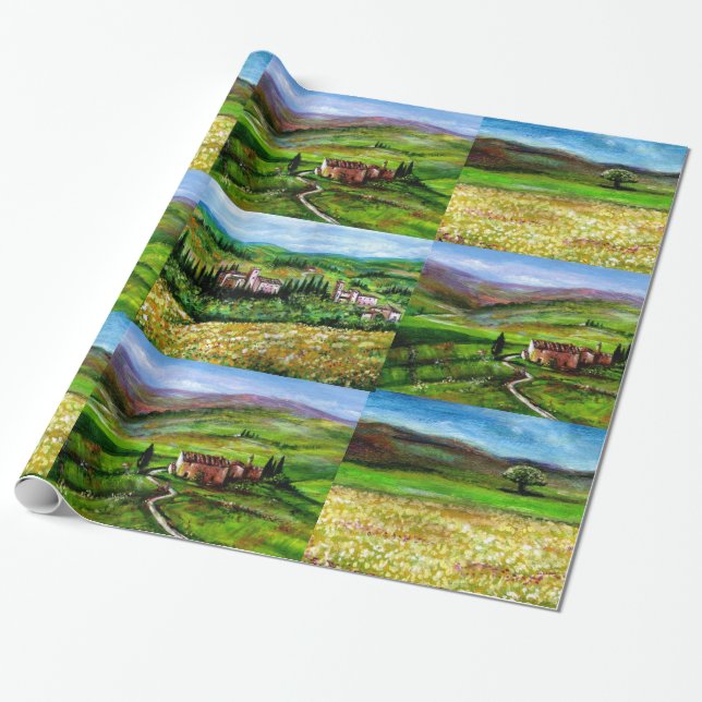 TUSCANY LANDSCAPE,GREEN HILLS YELLOW FLOWER FIELDS WRAPPING PAPER (Unrolled)