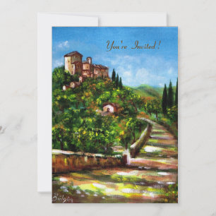 TUSCANY LANDSCAPE, red green yellow gold sparkles Invitation