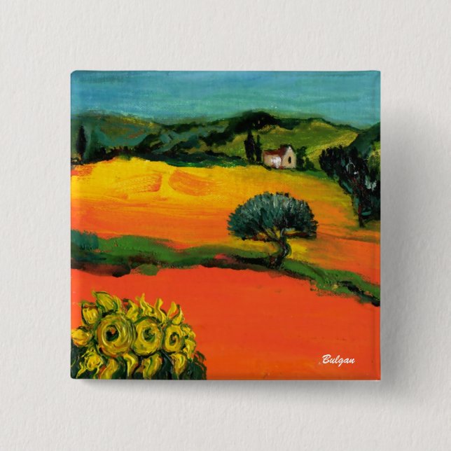 TUSCANY LANDSCAPE WITH SUNFLOWERS 15 CM SQUARE BADGE (Front)