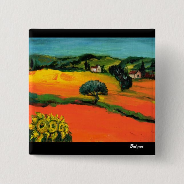 TUSCANY LANDSCAPE WITH SUNFLOWERS 15 CM SQUARE BADGE (Front)