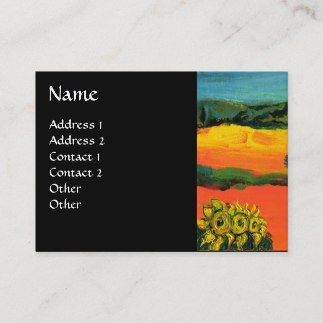 TUSCANY LANDSCAPE WITH SUNFLOWERS ,Black Business Card (Front)