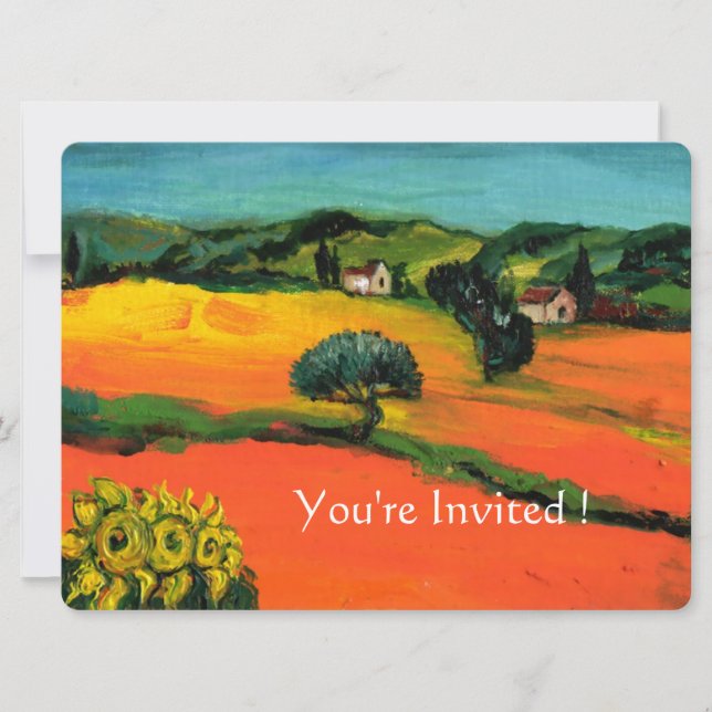 TUSCANY LANDSCAPE WITH SUNFLOWERS orange  black Invitation (Front)