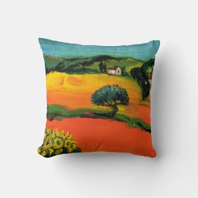 TUSCANY LANDSCAPE WITH SUNFLOWERS Orange Fields Cushion (Front)