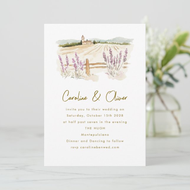 Tuscany Lavender Destination Watercolor Wedding Invitation (Standing Front)