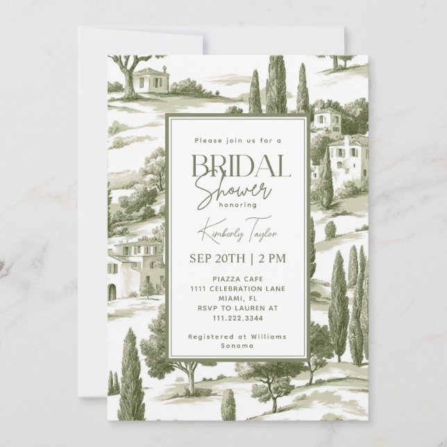 Tuscany Olive Green Toile Italian Bridal Shower Invitation (Front)