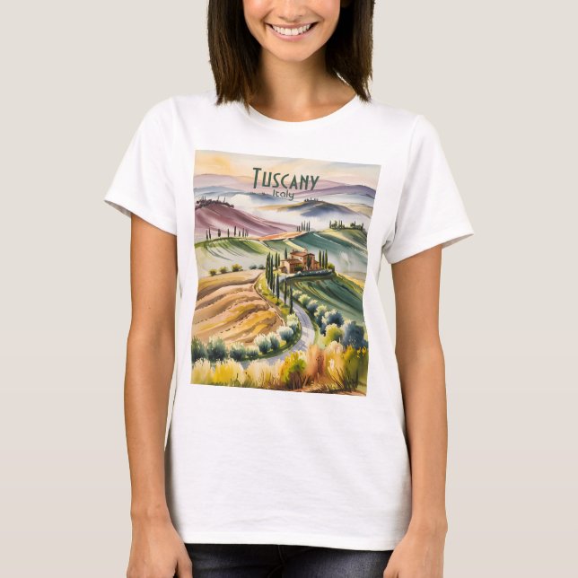 Tuscany Rolling Hills Watercolor Landscape Travel T-Shirt (Front)