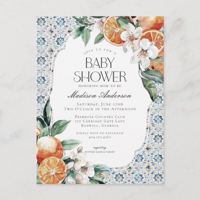 Tuscany Tile Coastal Italian Baby Shower Invite Postcard (Front)