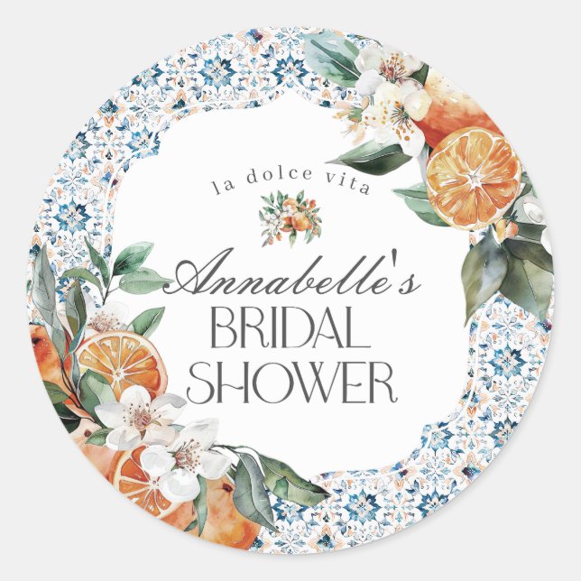 Tuscany Tile Italian Bridal Shower Invitation Classic Round Sticker (Front)