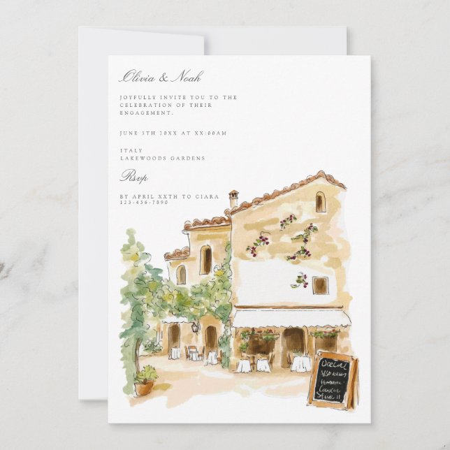 Tuscany Watercolor Italian Engagement Invitation (Front)