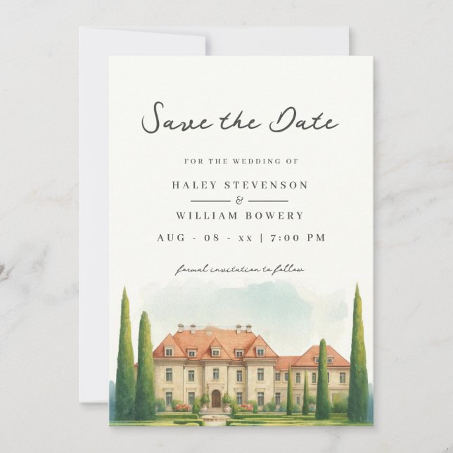 Tuscany Watercolor Italy Villa Destination Wedding Save The Date (Front)
