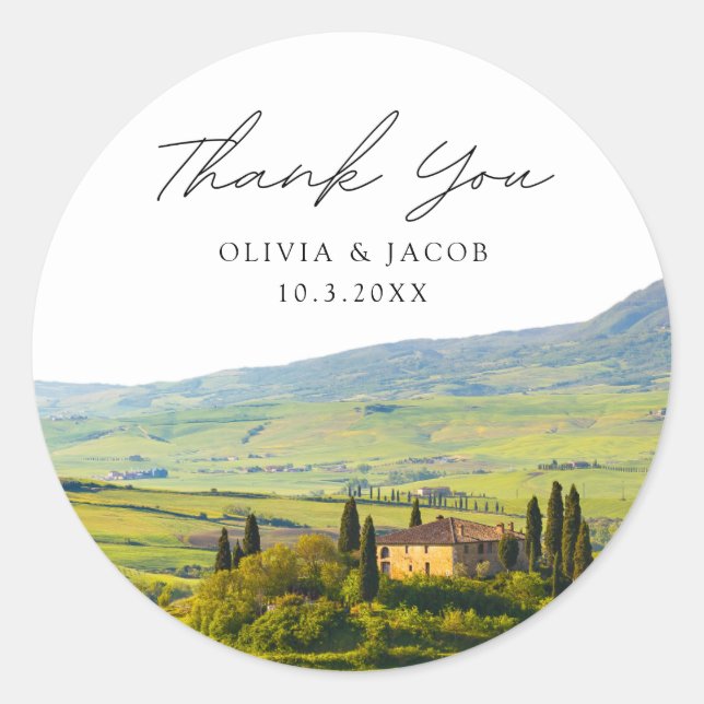 Tuscany Wedding Favour Photo Thank You Classic Round Sticker (Front)