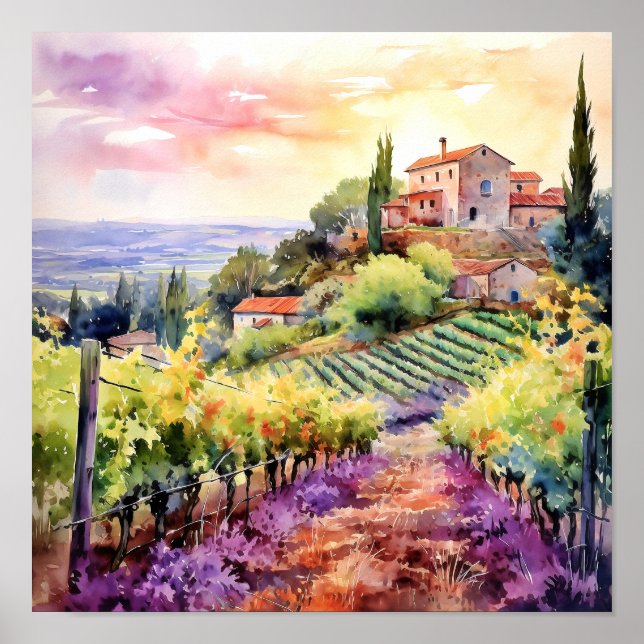 Tuscany Winery Watercolor Art Poster (Front)