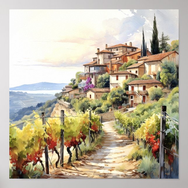Tuscany Winery Watercolor Art Poster (Front)