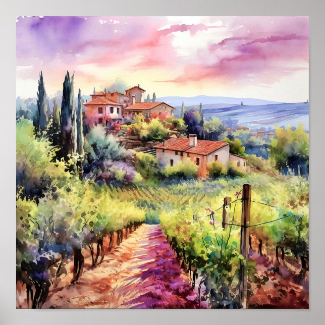 Tuscany Winery Watercolor Art Poster (Front)