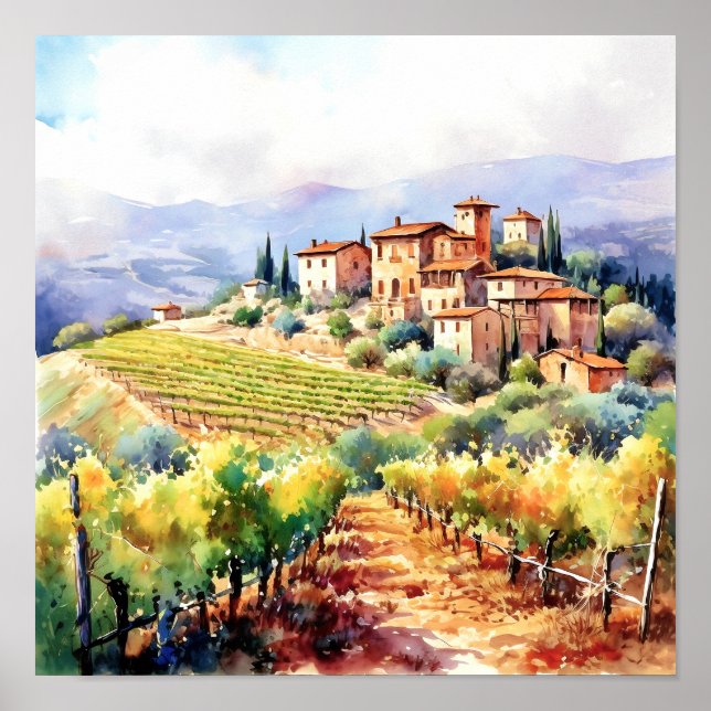 Tuscany Winery Watercolor Art Poster (Front)