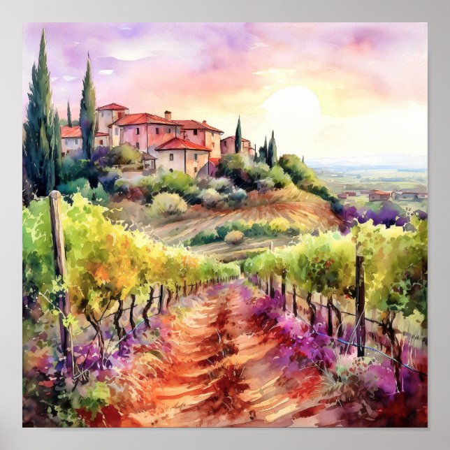 Tuscany Winery Watercolor Art Poster (Front)