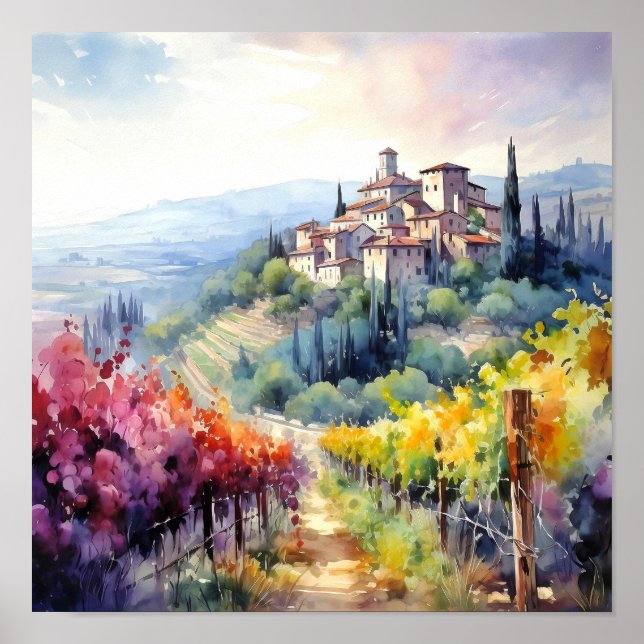 Tuscany Winery Watercolor Art Poster (Front)