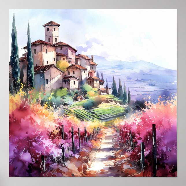 Tuscany Winery Watercolor Art Poster (Front)