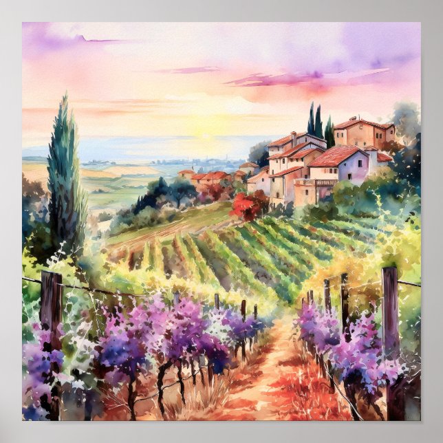 Tuscany Winery Watercolor Art Poster (Front)