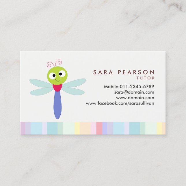 Tutor Cute Colourful Dragonfly Business Card (Front)