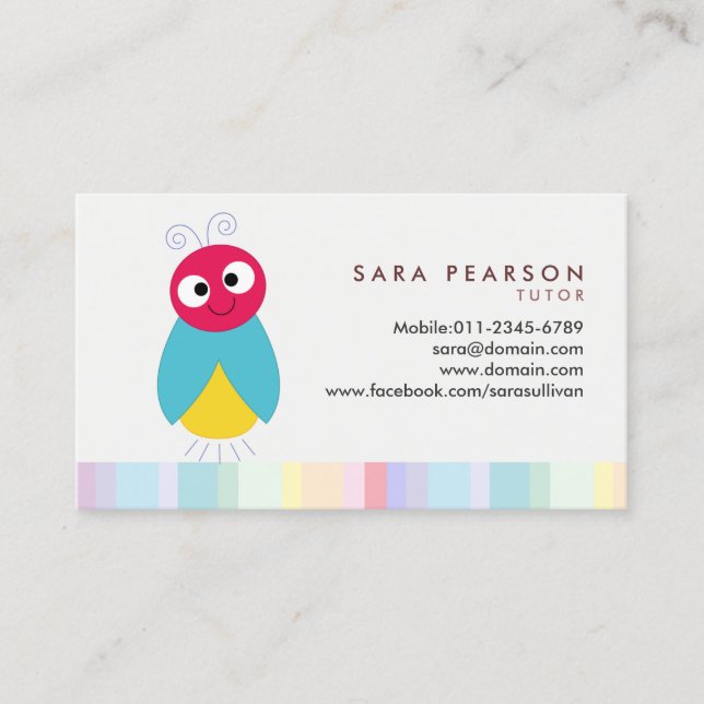 Tutor Cute Colourful Lightning Bug Business Card (Front)