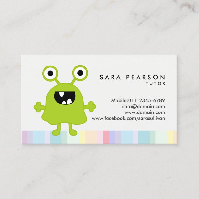 Tutor Cute Green Alien Business Card (Front)