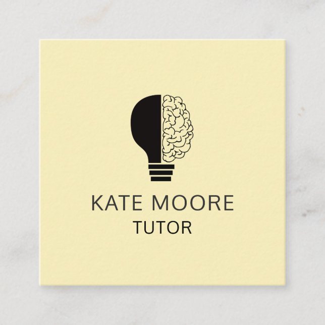 Tutor Light Bulb Idea Symbol Brain Cream Yellow Square Business Card (Front)