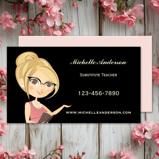 Tutor Teacher Education Business Card (Cute cartoon business card featuring a lady with a book. Great for a teacher or substitute teacher.)