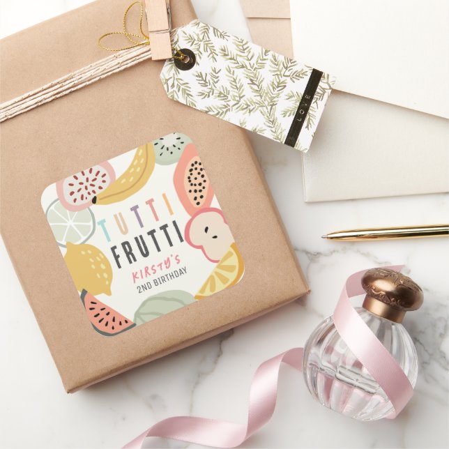 Tutti Frutti Colourful Fruit 2nd Birthday Square Sticker (Gifting)
