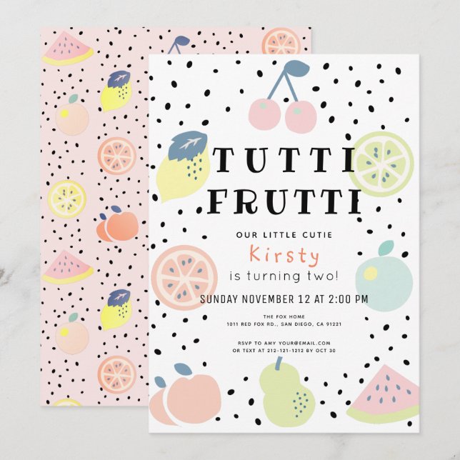 Tutti Frutti Pastel Fruit 2nd Birthday Invitation (Front/Back)