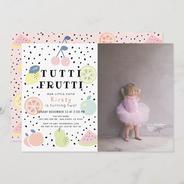 Tutti Frutti Pastel Fruit 2nd Photo Birthday Invitation (Front/Back)
