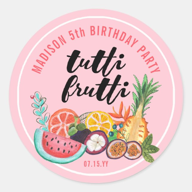 Tutti Frutti pink girly fruit drawing Classic Round Sticker (Front)