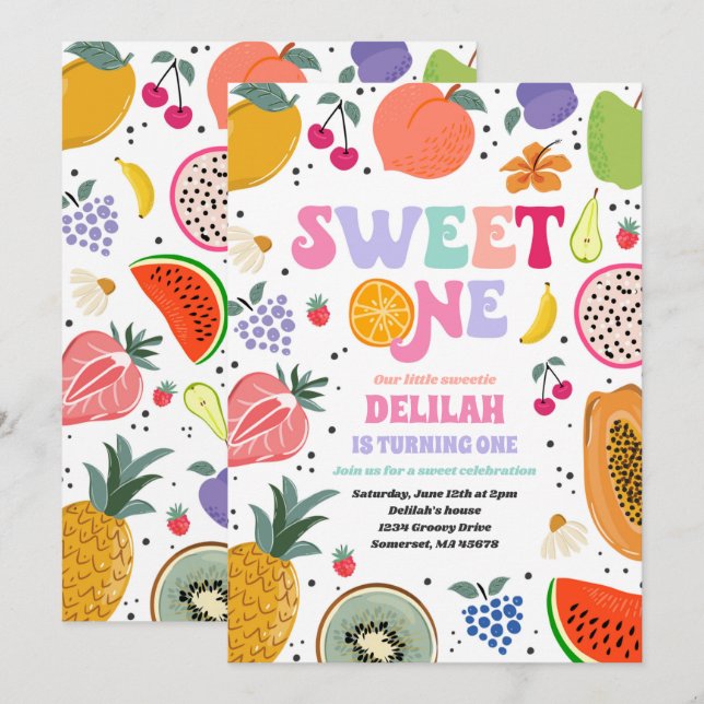 Tutti Frutti Tropical Summer Sweet One Birthday Invitation (Front/Back)