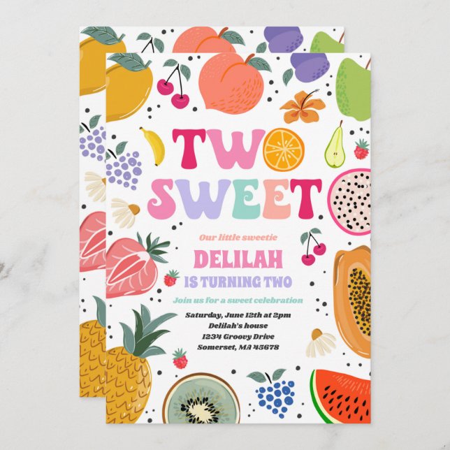 Tutti Frutti Tropical Summer Two Sweet Birthday Invitation (Front/Back)