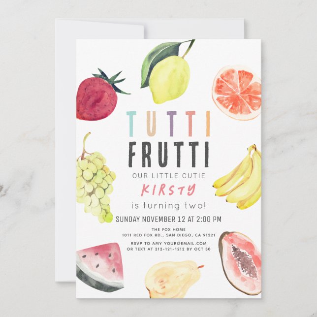 Tutti Frutti Watercolor Fruit 2nd Birthday Invitation (Front)