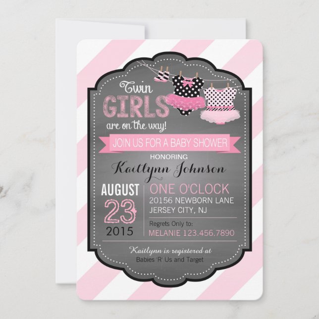 Tutu and Stripe Twin Girls Baby Shower Invitation (Front)