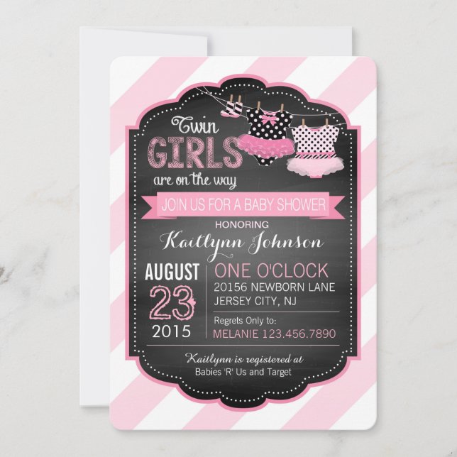 Tutu and Stripe Twin Girls Baby Shower Invitation (Front)