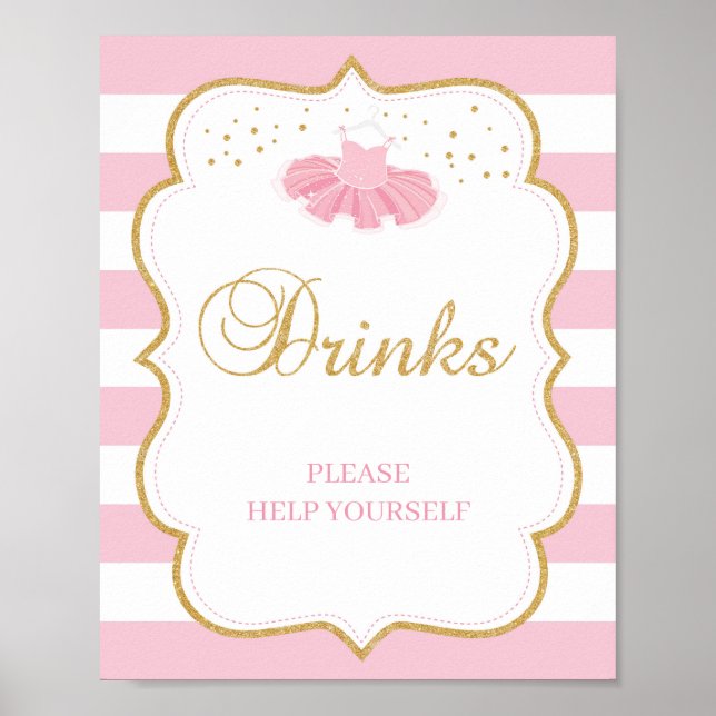 Tutu baby shower drinks sign pink gold glitter (Front)